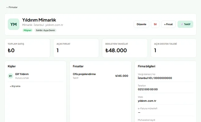 MTS firma kartı (Müşteri ve firma) ekranı